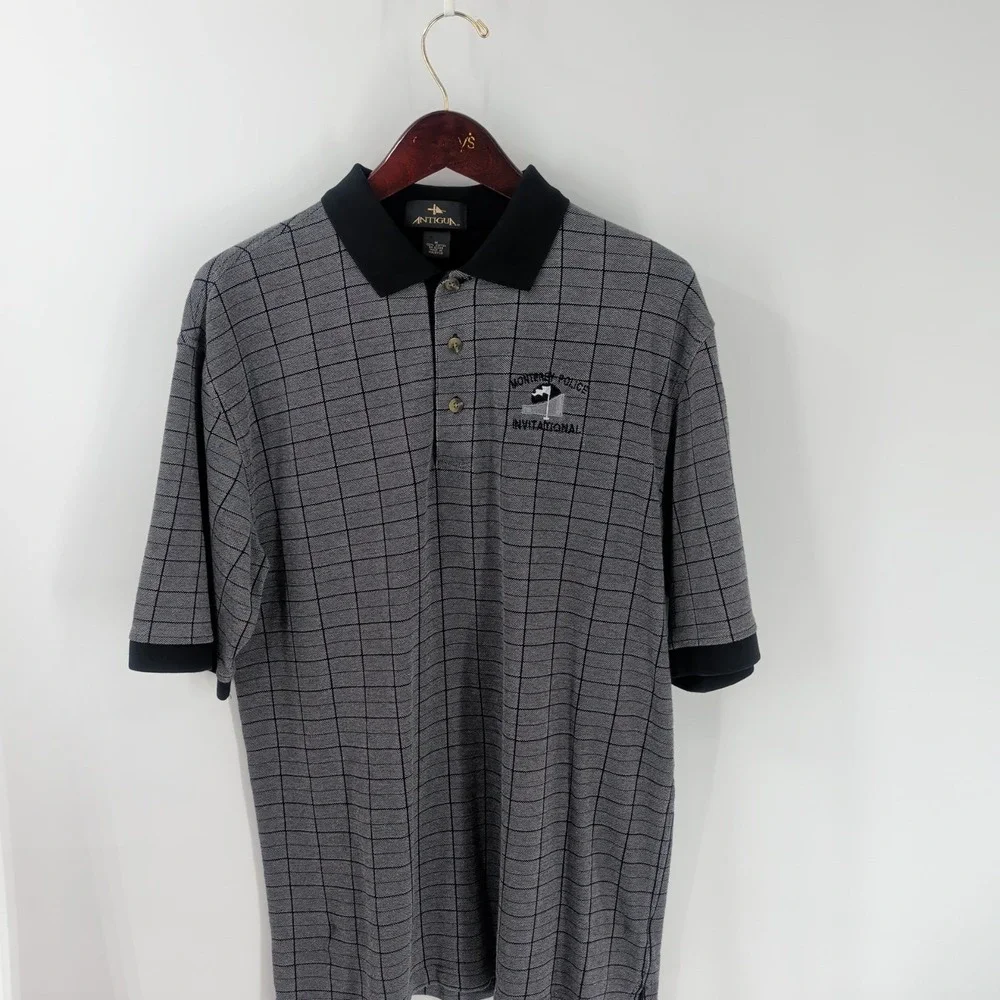 Vtg Y2K Antigua Check Monterey Police Invitational Cotton Golf Polo Gray Black M